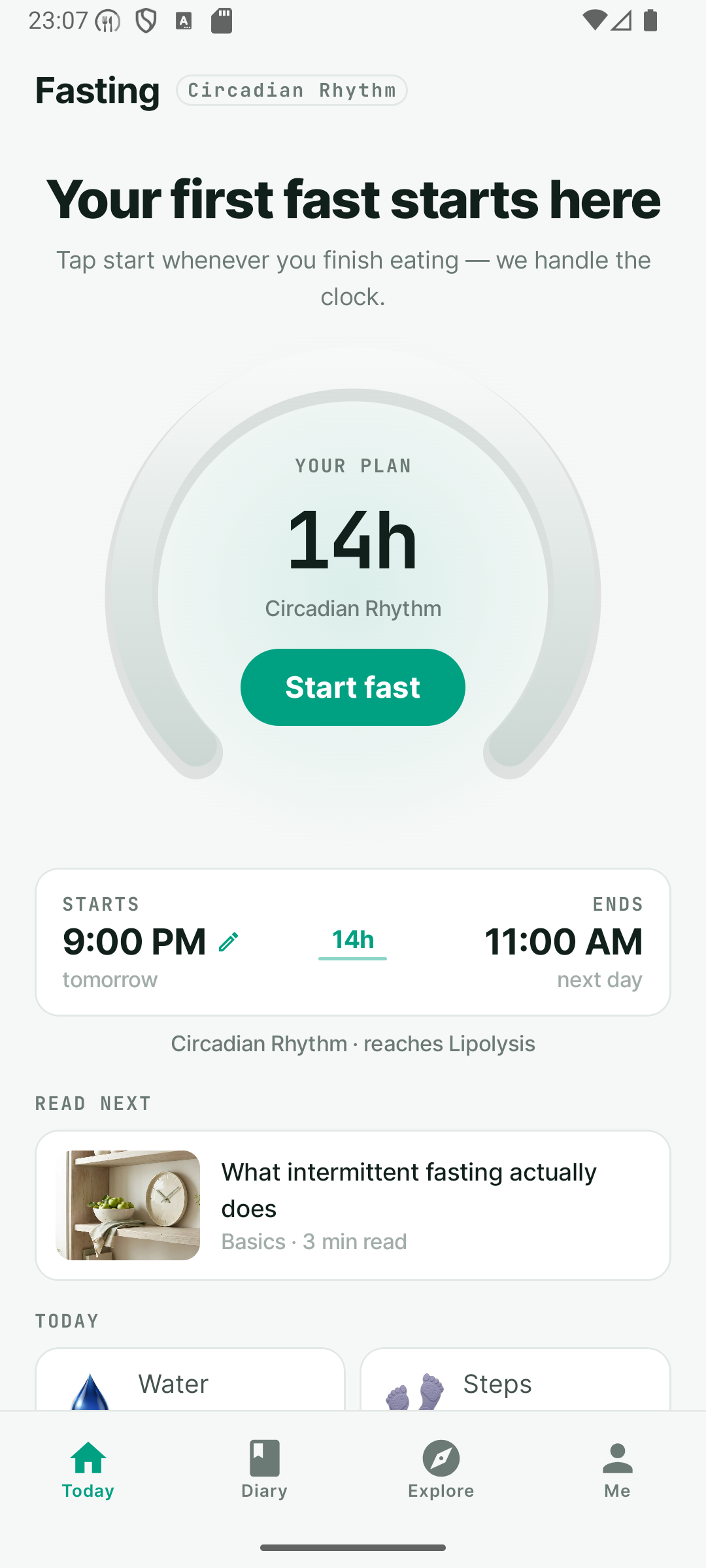 Brekk fasting timer screen, showing a 14-hour Circadian Rhythm plan and a Start fast button